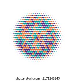 Ilustración de semitono colorido. Forma del vector. Elemento Resumen. Retro de textura. Fondo De Punto. Juego de círculo. Logotipo de degradado. Fondo de efecto. Fondo redondo.