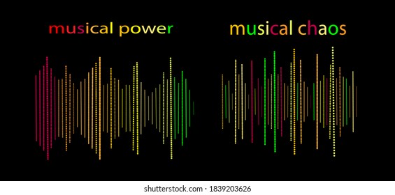 Colorful halftone lines of different sizes on a black background with the inscription the power of music and musical chaos. Sound waves illustration design template. Vector sound wave ico