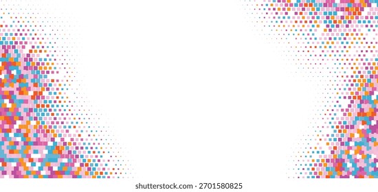 Colorful halftone mosaic corner pattern, abstract bright dotted texture with pink blue and orange tones, modern geometric vector background, festive digital design concept