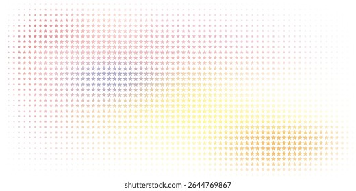 Colorful halftone pattern consisting of numerous stars arranged in gradient tones from red to yellow, creating a vibrant composition suitable for abstract art, design backgrounds