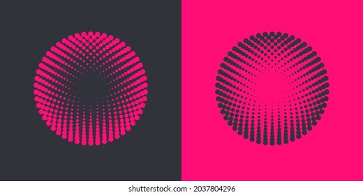 Colorful halftone radial patterns. Dotty circles logo design. Vector duotone abstract background.