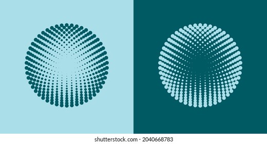 Colorful halftone radial patterns. Dotty circles logo design. Vector duotone abstract background.