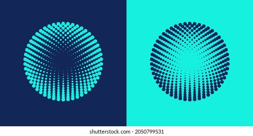 Patrones radiales de medio tono coloridos. Diseño del logo de Dotty Circles. Fondo abstracto de la duotona vectorial.