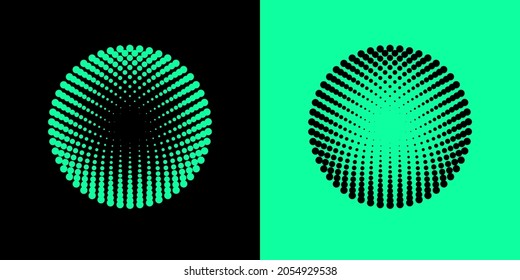 Colorful halftone radial patterns. Dotty circles logo design. Vector duotone abstract background.