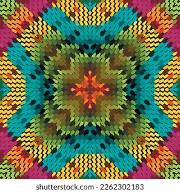 Colorful halftone seamless pattern. Half tone textured mosaic vector background. Modern moire radial ornament. Endless kaleidoscope grunge texture. Tapestry style repeat backdrop. Endless texture.