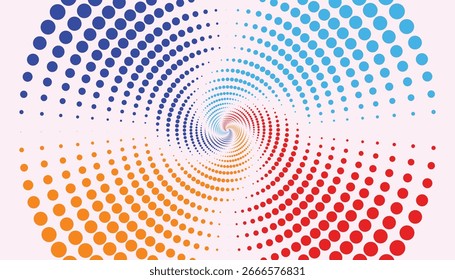 Farbige Rasterpunkte erzeugen eine abstrakte optische Täuschung. Das lebendige rote, orange und blaue Wirbeldesign ist perfekt für Hintergründe. Es wird für Hintergrundbilder verwendet