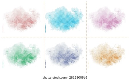 Colorful halftone splatter vector illustration set with irregular dotted paint shapes. Versatile collection of artistic graphic elements for modern background design usage.