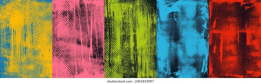 Colorful halftone textured posters collection with grunge brush strokes. Noise destroyed halftone pattern with smears and scratches. Hand drawn retro vintage poster backgrounds for graphic design.