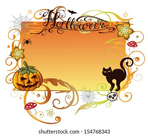 Colorful halloween background with pumpkin and black cat.