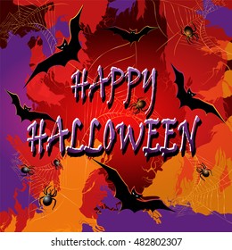 Colorful Halloween background with the spiderwebs and bats. Vector illustration.