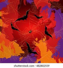 Colorful Halloween background with the spiderwebs and bats. Vector illustration.