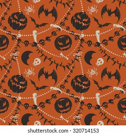 Colorful Halloween Background weaved of Beads with Skulls and Tusks, with Pumpkins and Bats