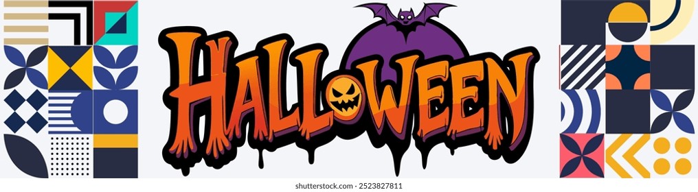 Colorful Halloween Banner with Geometric Patterns and Bat.Halloween banner featuring bold geometric patterns, a spooky bat, and the iconic Halloween text. Perfect for festive decoration and theme.