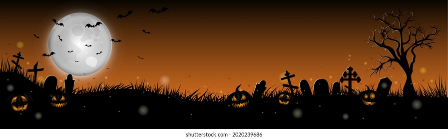 Colorful halloween banner with orange sky and graveyard.