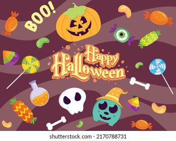 colorful Halloween candy for children. Vector candies decorated with Halloween pumpkins, spider, bat, and skull elements made in traditional October holiday colors.
