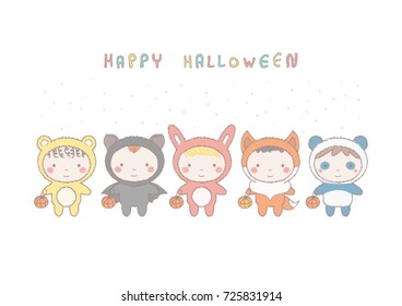 Colorful Halloween card with group of adorable little children in animal costumes, cute vector hand drawn style illustration