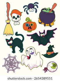 Desenho animado de Halloween colorido definido com bruxa chapéu fantasma gato morcego abóbora crânio vassoura teia de aranha e caldeirão Perfeito para impressões de festa assustadora arte fofa e muito mais