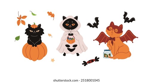 Ícones coloridos de personagens de vetor de cor plana de gatos de Halloween