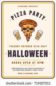 Colorful Halloween celebration poster in vintage style with scary pizza. Night party promotion flyer design retro typography vector template.