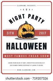 Colorful Halloween celebration poster in vintage style with scary pumpkin. Night party promotion flyer design retro typography vector template.