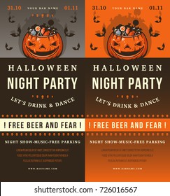 Colorful Halloween celebration poster in vintage style with scary pumpkin, candies and flying bats. Night party promotion flyer design retro typography vector template.