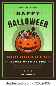 Colorful Halloween celebration poster in vintage style with flying coffin, bats and cemetery silhouette. Night party promotion flyer design retro typography vector template.
