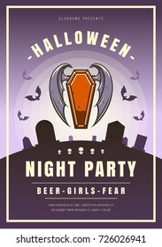 Colorful Halloween celebration poster in vintage style with flying coffin, bats and cemetery silhouette. Night party promotion flyer design retro typography vector template.