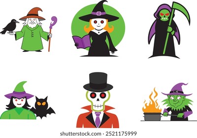 Coloridas Ilustraciones de personajes de Halloween Bruja, Mago, Esqueleto y Segador