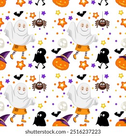 Colorful Halloween characters and symbols in a pattern