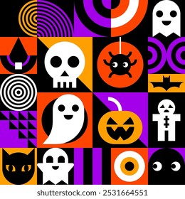 Colorful Halloween Collage with Halloween Element Icons Vector Illustration