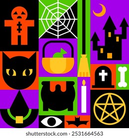 Colorful Halloween Collage with Halloween Element Icons Vector Illustration