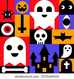 Colorful Halloween Collage with Halloween Element Icons Vector Illustration