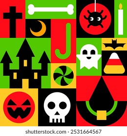 Colorful Halloween Collage with Halloween Element Icons Vector Illustration