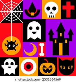 Colorful Halloween Collage with Halloween Element Icons Vector Illustration