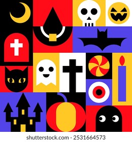 Colorful Halloween Collage with Halloween Element Icons Vector Illustration