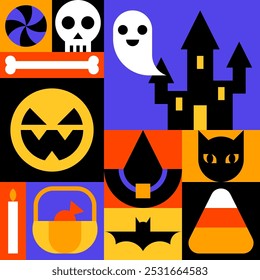 Colorful Halloween Collage with Halloween Element Icons Vector Illustration