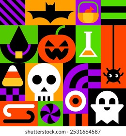 Colorful Halloween Collage with Halloween Element Icons Vector Illustration
