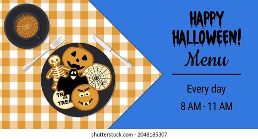 Colorful Halloween cookies and coffee vector banner template on a checkered tablecloth. Advertisement, card. EPS 10