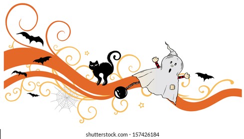 Colorful halloween decoration, ghost with cat and bats