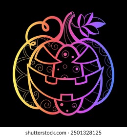 Colorful Halloween decoration - scary pumpkin with eyes and mouth. Doodle hand draw ornament vector illustration. Rainbow design on black background.