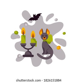 Colorful Halloween design with a cat, candles and a bat. Vector illustration