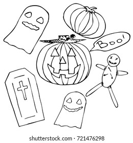 Colorful halloween design elements.Halloween,ghosts,pumpkins and voodoo doll vector illustration.Happy halloween party with voodoo doll and horrible background design for invitation card poster flyer.
