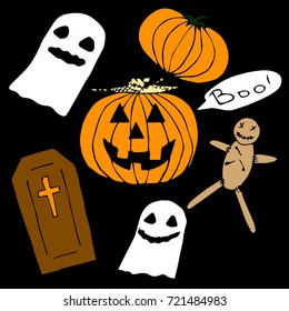 Colorful halloween design elements.Halloween,ghosts,pumpkins and voodoo doll vector illustration.Happy halloween party with voodoo doll and horrible background design for invitation card poster flyer.