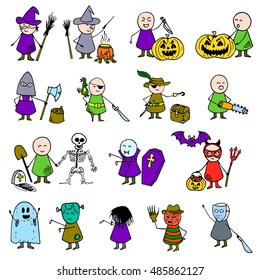 Colorful Halloween doodle background. Set of  Halloween costume characters. Vector illustration.