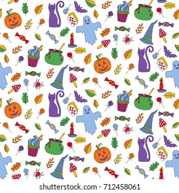 Colorful halloween doodle icons seamless vector pattern