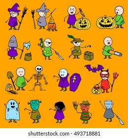 Colorful Halloween doodle illustration. Set of costume characters. Vector orange background.