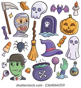 Farbige Halloween-Doodle-Set, Vektorgrafik einzeln auf weißem Hintergrund