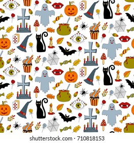 Colorful halloween doodles drawings seamless vector pattern
