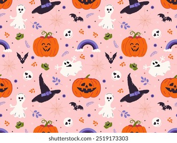 Colorful Halloween drawing with ghosts, bat, pumpkins, hat, rainbow, spider web, skull on a pink background