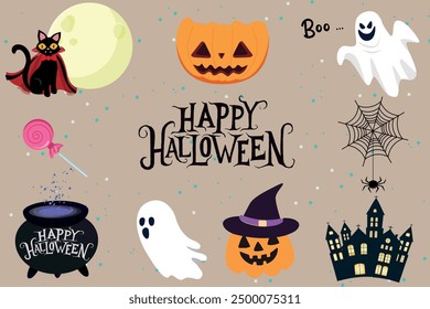 Colorido elemento de Halloween colección. Calabaza, fantasma, sombreros de bruja, lápida, Web de araña, gato negro, caramelo, casa embrujada, parca. Perfecto para la decoración de Halloween, pegatina, tarjeta y fiesta.